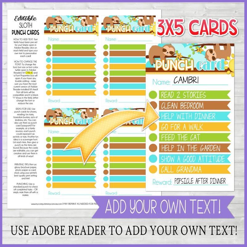 EDITABLE Punch Cards Owl, Sloth, Flower, Emoji, Monster & Cactus PRINTABLE for Editable Free Printable Punch Cards