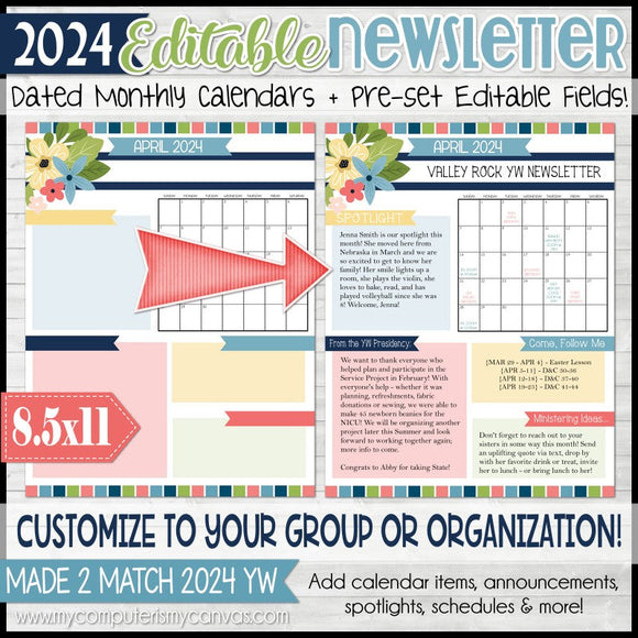 2024 EDITABLE Monthly Newsletter Templates {YW Collection} Printable