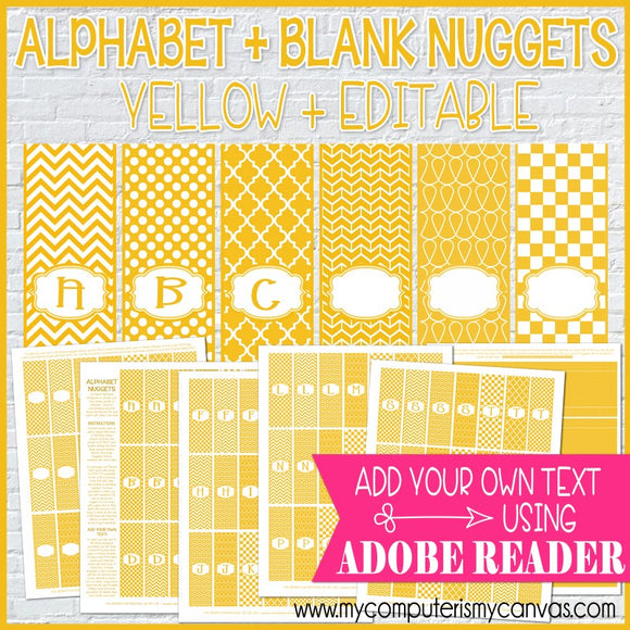 Alphabet + BLANK Nugget Wrappers {YELLOW} PRINTABLE