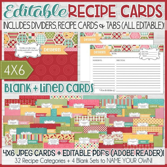 EDITABLE Recipe Card Collection RED {4x6} PRINTABLE
