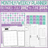 JULY 2017 to JUNE 2018 PRINTABLE Planner Kit {Purple & Teal Cover}-My Computer is My Canvas