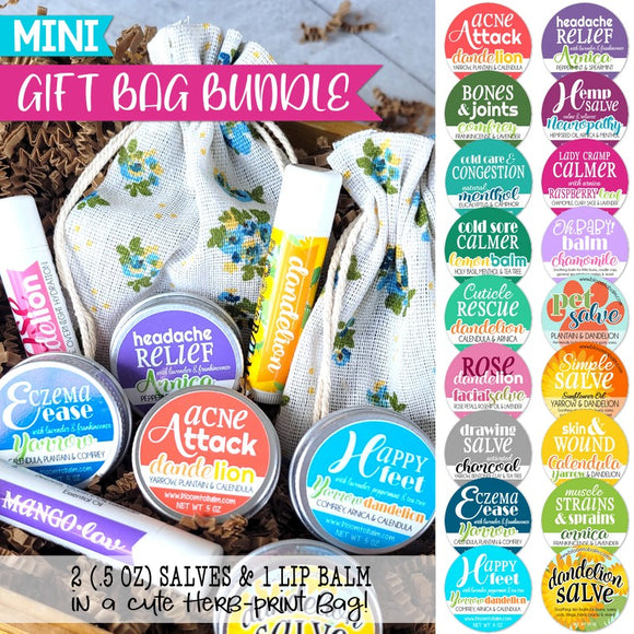 MINI GIFT BAG BUNDLE: 2 Salves (.5 oz) & 1 Lip Balm